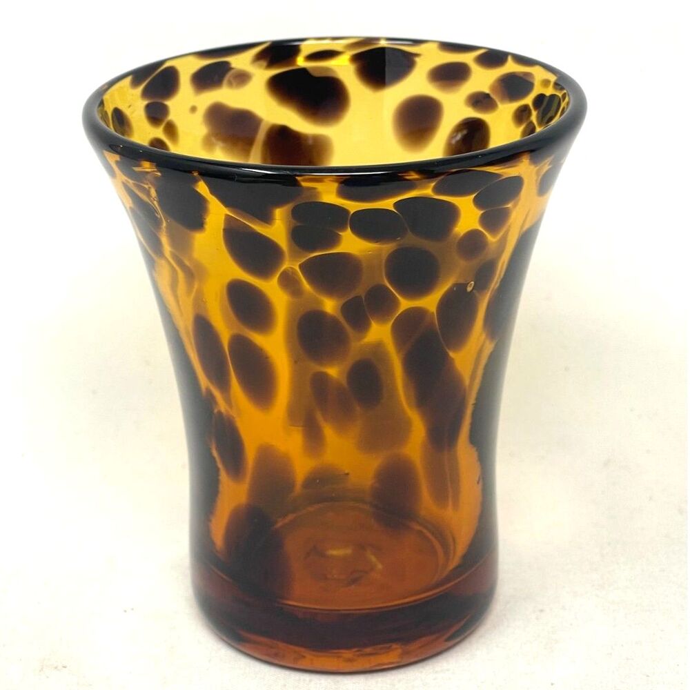 Vintage Tortoise Shell Brown Hand Blown Glass Vase 4.5" Art Glass Candle Holder